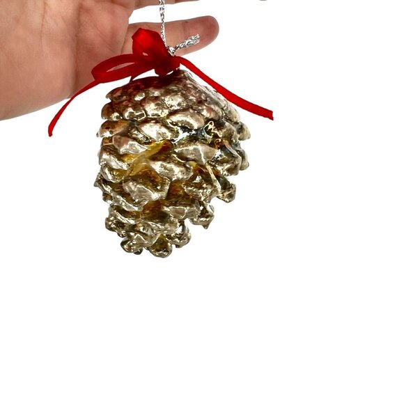 Silver Pine Pinecone Ornament With Red Bow - Picture 4 of 15